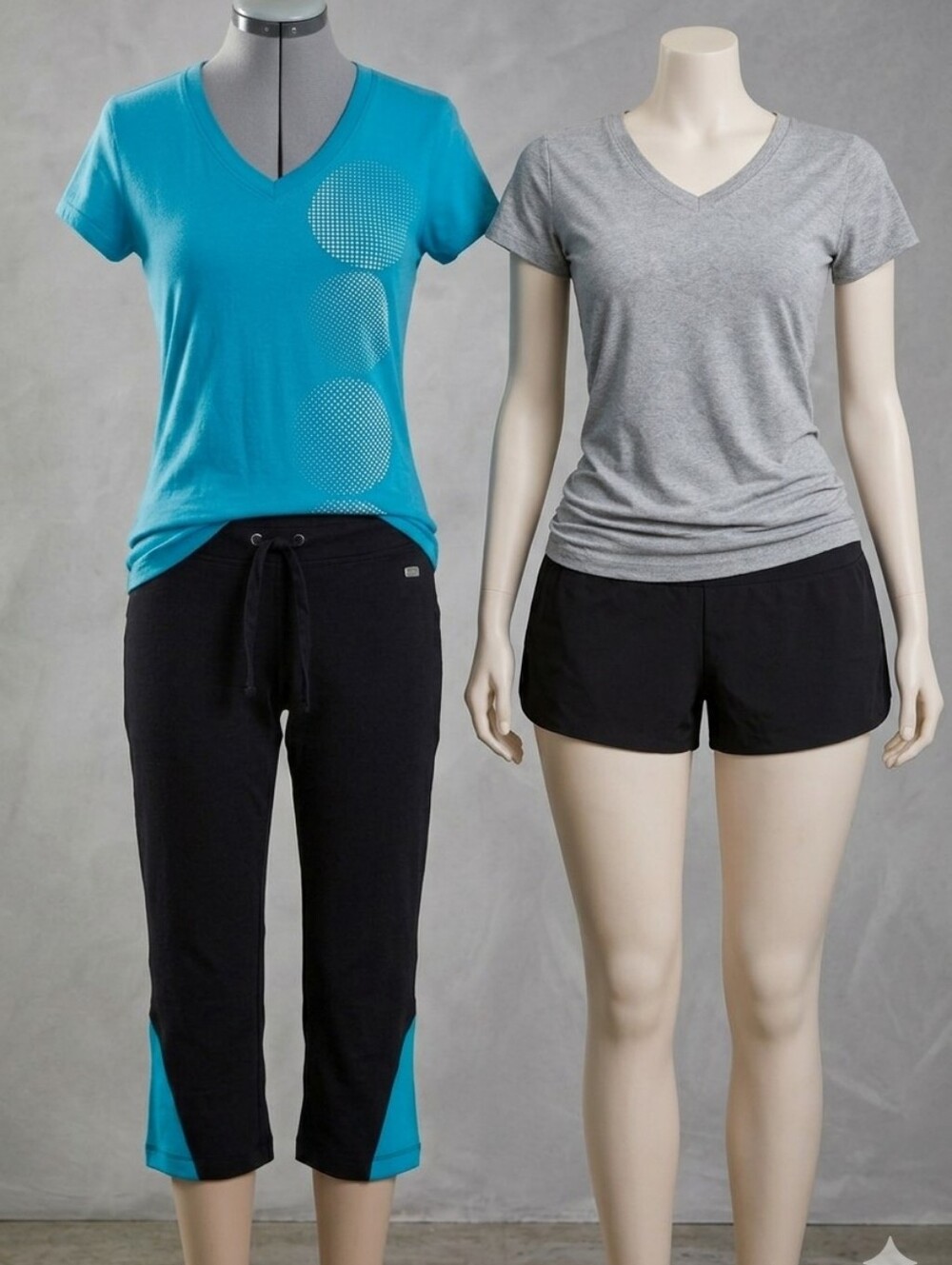 Athletic Bundle: Blue Graphic Tee, Grey V-Neck & Active Shorts/Capris Set